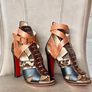 Christian Louboutin Keny 120 Mixed Media Strappy Leopard Brown Black Booties 37